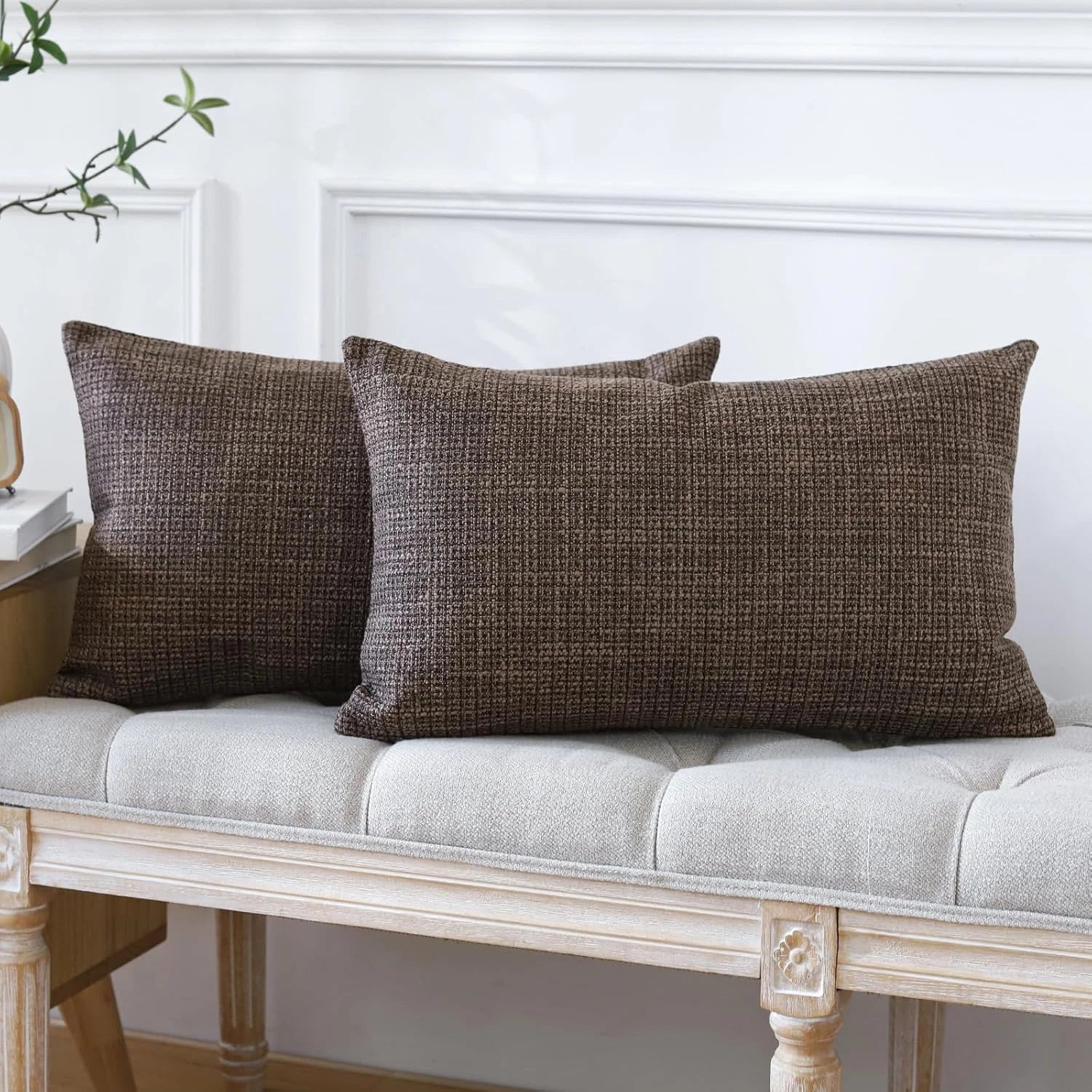 Pack of 2 Throw Pillow Covers 12X20 Inch Linen Dark Brown Pillowcases Farmhouse