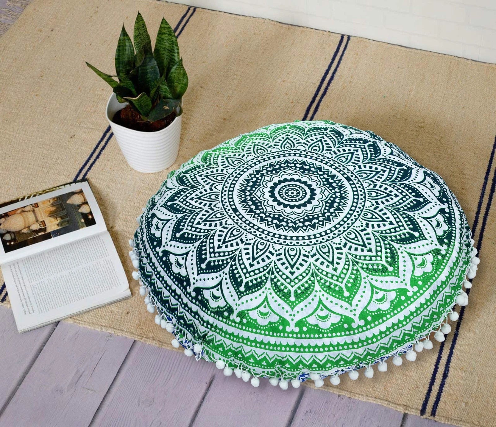 Green Round Boho Cushion Cover Meditation Indian Cotton Sofa Bed Pillowcase 55cm