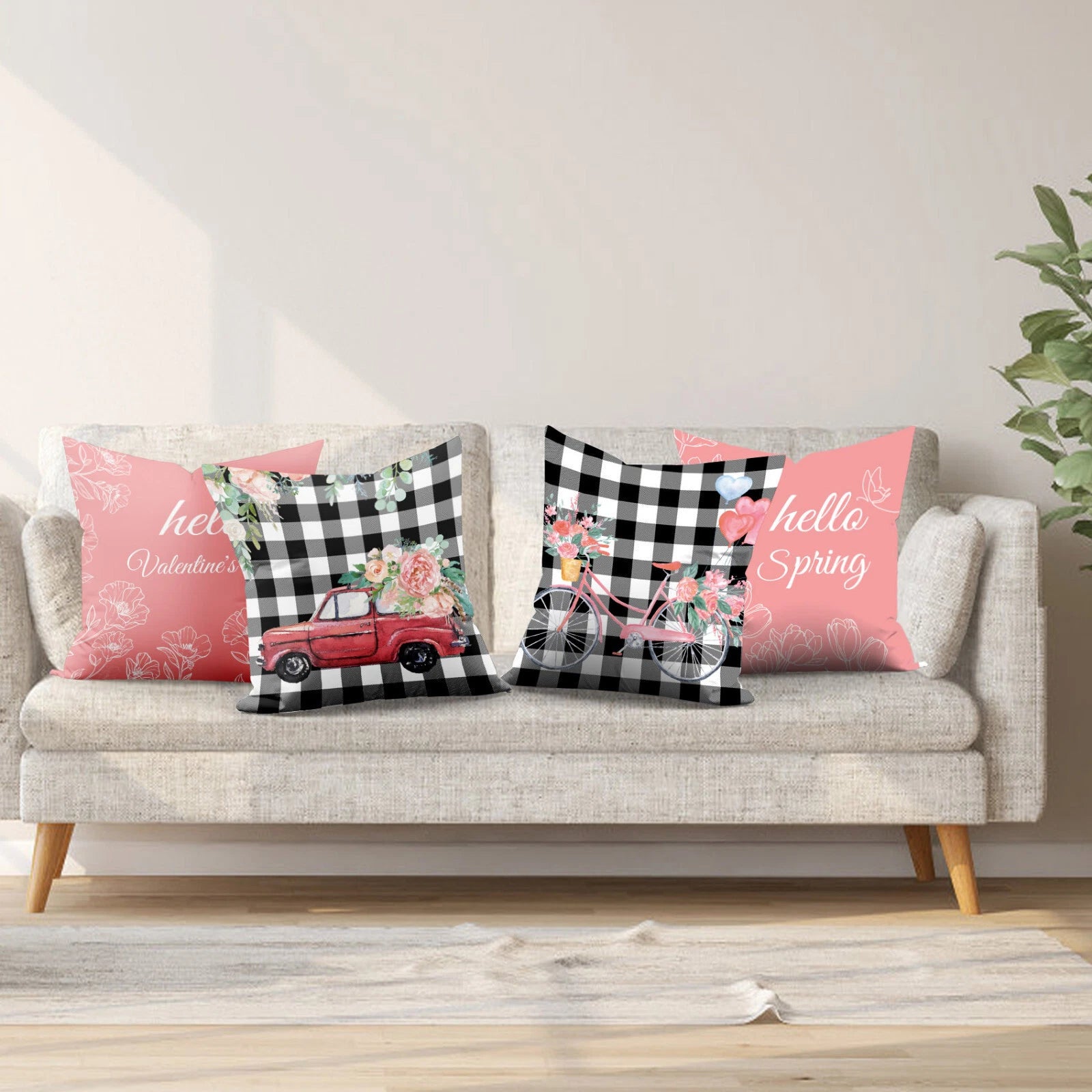 4pcs Black Plaid Spring Pink Floral Pillow Case Cushion Cover Sofa Home Decor
