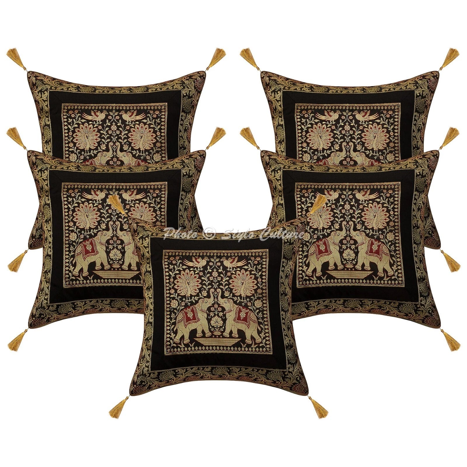 Boho Hippie Yoga Pillow Case Cushion Cover Black Brocade Jacquard Elephant