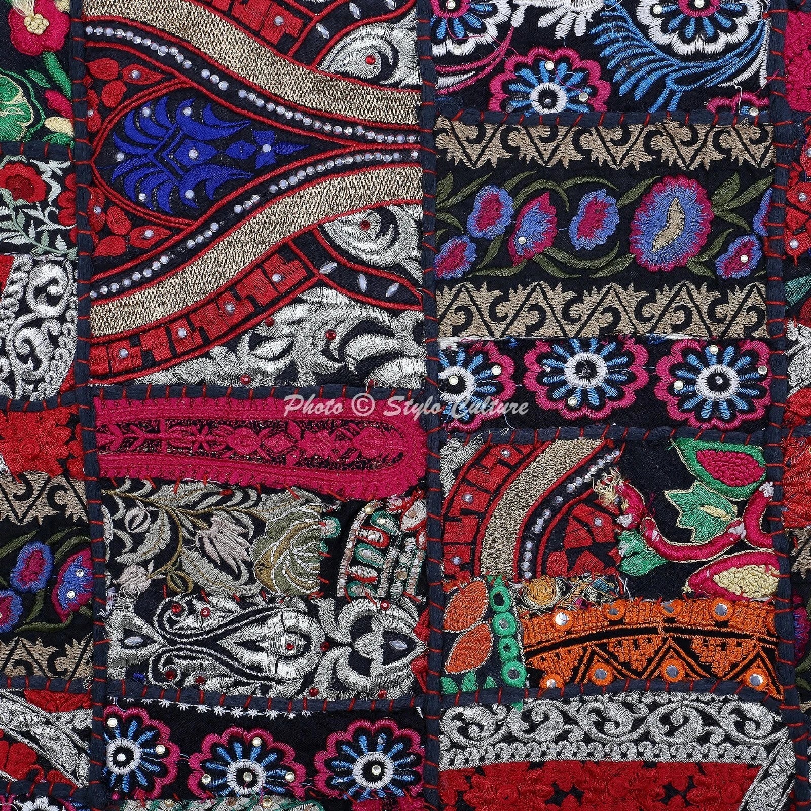 Boho Hippie Yoga Pillow Case Cushion Cover Black Vintage Patchwork Meditation