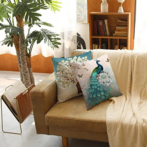 Set of 4 Pcs Peacock Print Cushion Cover Sturdy Linen Throw Pillows for Couch