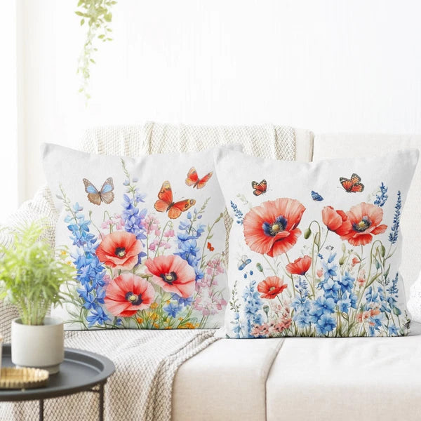 4pcs Garden Blue Butterfly Red Floral Pillow Case Cushion Cover Sofa Home Decor