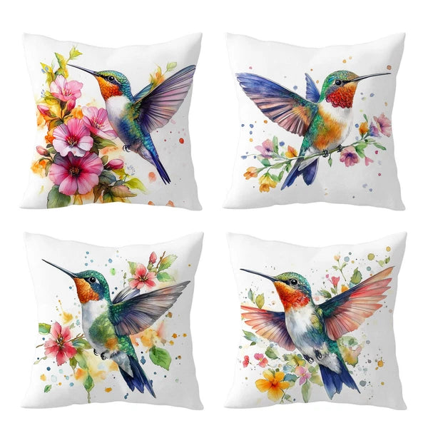 4pcs Watercolor Floral Hummingbird Pillow Case Cushion Cover Sofa Home Decor