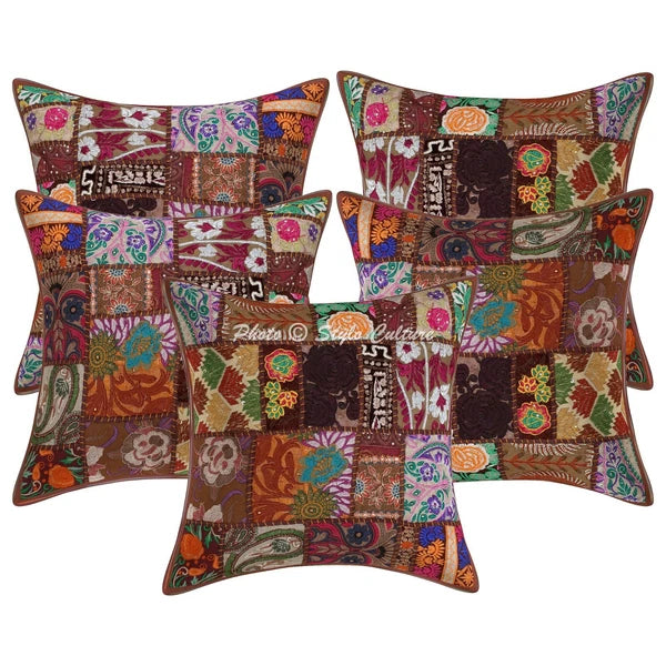 Ethnic Cushion Cover Patchwork Vintage 16 x 16 in Hippie Sofa Car Pillow Case