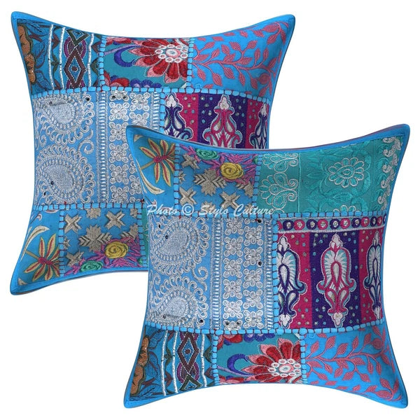 Boho Hippie Yoga Pillow Case Cushion Cover Blue Vintage Patchwork Meditation