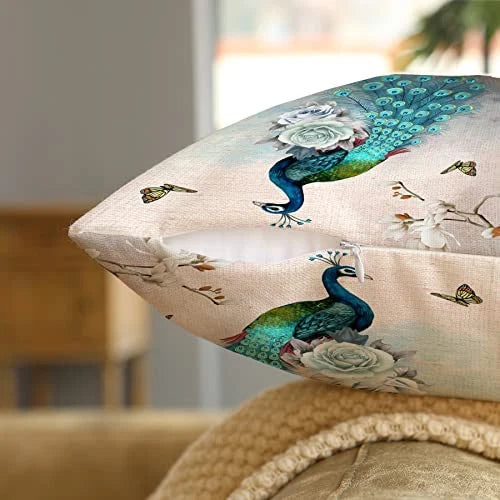 Set of 4 Pcs Peacock Print Cushion Cover Sturdy Linen Throw Pillows for Couch