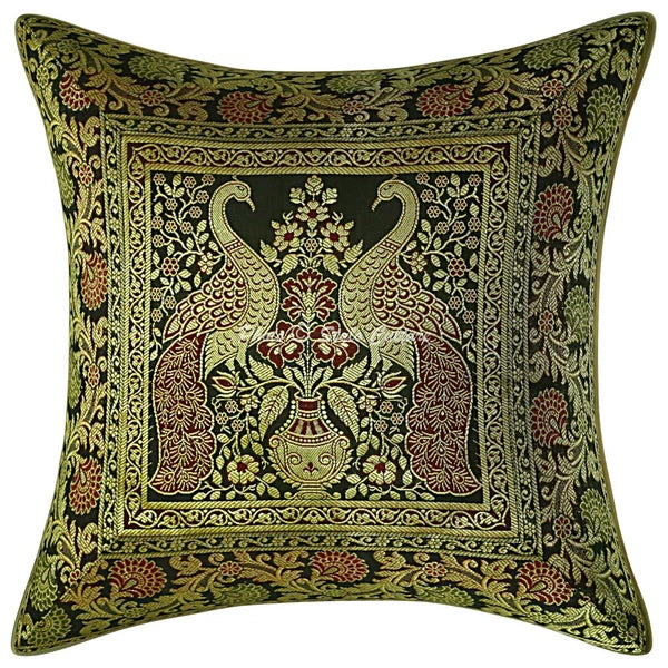 Boho Throw Pillow Covers Brocade Ethnic 16 x 16 Peacock Sofa Decor Pillow Case