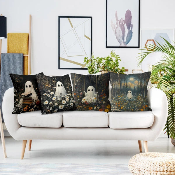 4pcs Wildflower Spooky Halloween Ghost Pillow Case Cushion Cover Sofa Home Decor