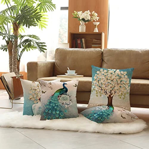 Set of 4 Pcs Peacock Print Cushion Cover Sturdy Linen Throw Pillows for Couch