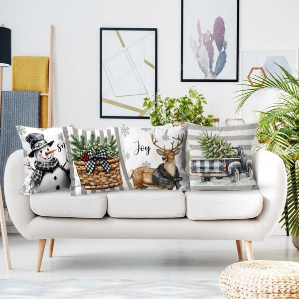 4pcs Grey Plaid Funny Christmas Deer Pillow Case Cushion Cover Sofa Home Decor
