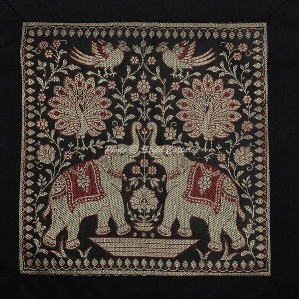Boho Hippie Yoga Pillow Case Cushion Cover Black Brocade Jacquard Elephant
