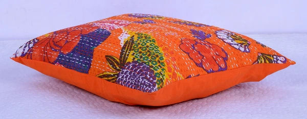 16" ORANGE KANTHA WORK FLORAL TOSS PILLOW COVER SHAM Voile Bed Sofa Cushion Case