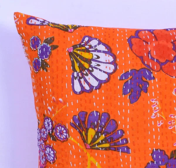 16" ORANGE KANTHA WORK FLORAL TOSS PILLOW COVER SHAM Voile Bed Sofa Cushion Case