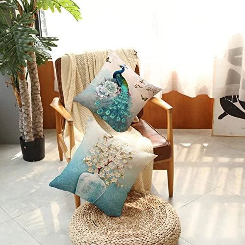Set of 4 Pcs Peacock Print Cushion Cover Sturdy Linen Throw Pillows for Couch