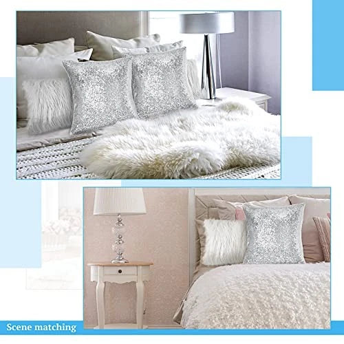 4 Pcs Pillow Covers 12" x 20" (Pack of 4) White,silver Sequin and Fluffy