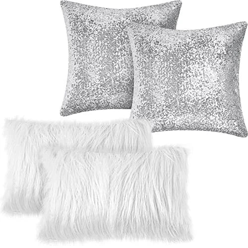 4 Pcs Pillow Covers 12" x 20" (Pack of 4) White,silver Sequin and Fluffy