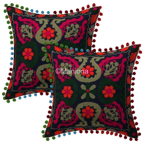 Indian Suzani Black Flloral Pillow Cover Embroidered Bed/Sofa Decor Set of 2 pc