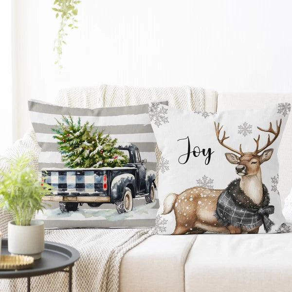 4pcs Grey Plaid Funny Christmas Deer Pillow Case Cushion Cover Sofa Home Decor