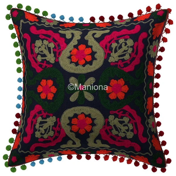 Indian Suzani Black Flloral Pillow Cover Embroidered Bed/Sofa Decor Set of 2 pc
