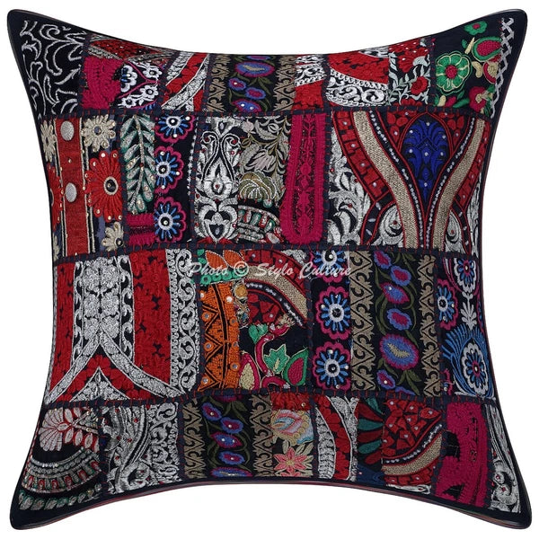 Boho Hippie Yoga Pillow Case Cushion Cover Black Vintage Patchwork Meditation