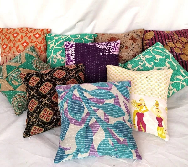 Kantha quilted floral cushion cover 5 pcs lot 18x18 inches bed sofa home decor