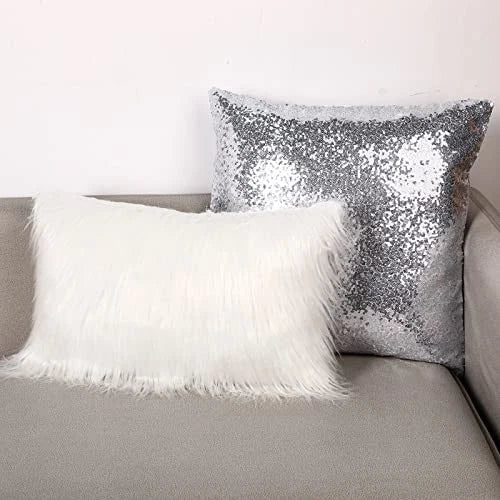4 Pcs Pillow Covers 12" x 20" (Pack of 4) White,silver Sequin and Fluffy