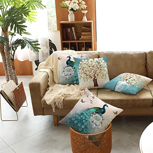Set of 4 Pcs Peacock Print Cushion Cover Sturdy Linen Throw Pillows for Couch