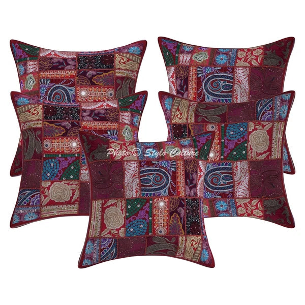 Boho Hippie Yoga Pillow Case Cushion Cover Red Vintage Patchwork Meditation