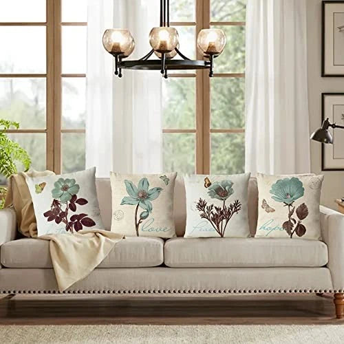 Set of 4 Floral Decorative Throw Pillow Covers 22" x 22" (Pack of 4) Plant 02