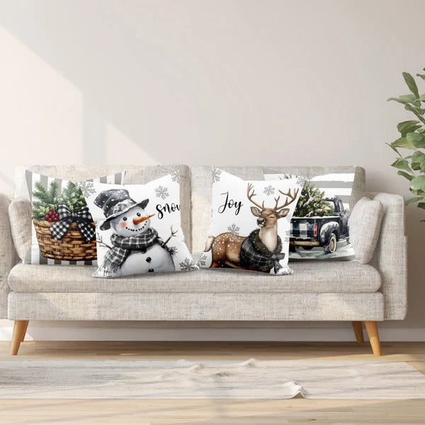 4pcs Grey Plaid Funny Christmas Deer Pillow Case Cushion Cover Sofa Home Decor