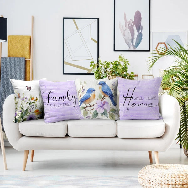 4pcs Cute Bird Plant Purple Floral Pillow Case Cushion Cover Sofa Home Decor