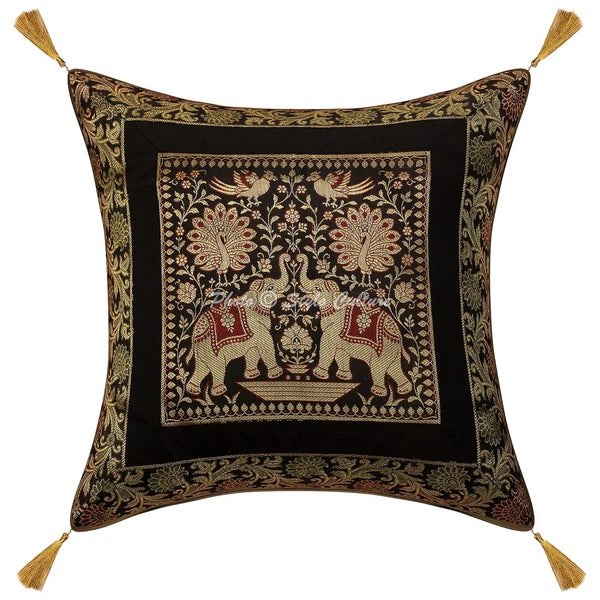 Boho Hippie Yoga Pillow Case Cushion Cover Black Brocade Jacquard Elephant