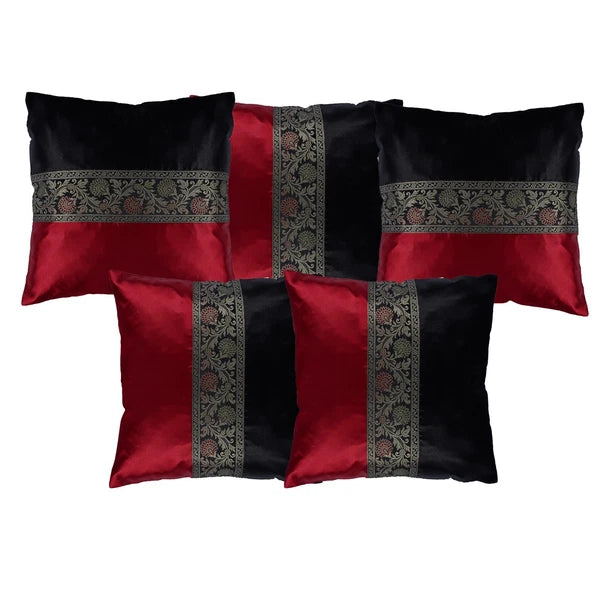 2 pcs Silk Cushion Cover Black & Red Decorative Throw Pillow for Living Room