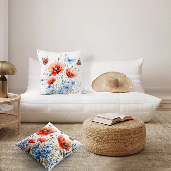 4pcs Garden Blue Butterfly Red Floral Pillow Case Cushion Cover Sofa Home Decor