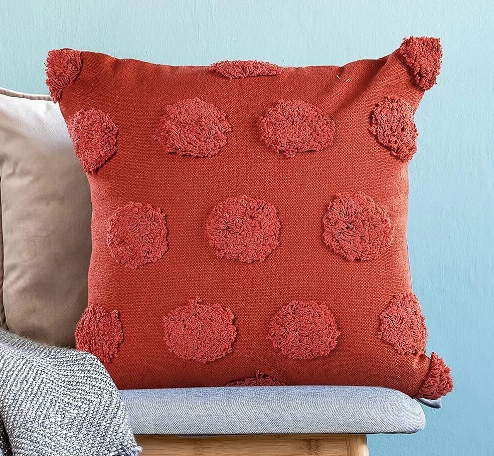 Tufted Dots Cotton Cushion Cover For Sofa, Living Room Or Bed 18x18 inch, Coral
