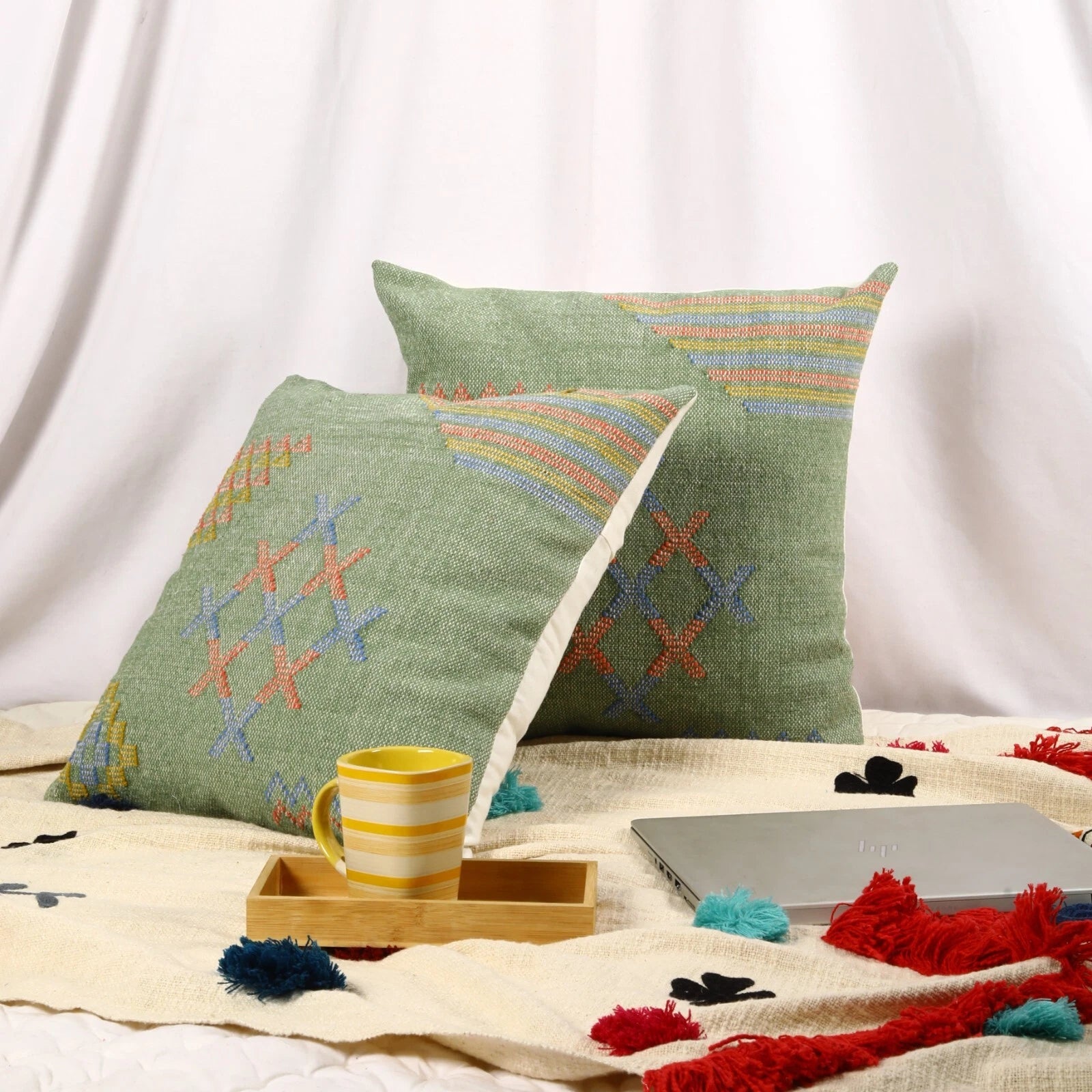 Green Handwoven Sabra kilim Pillow Cover Set of 2 cushion for sofa decor