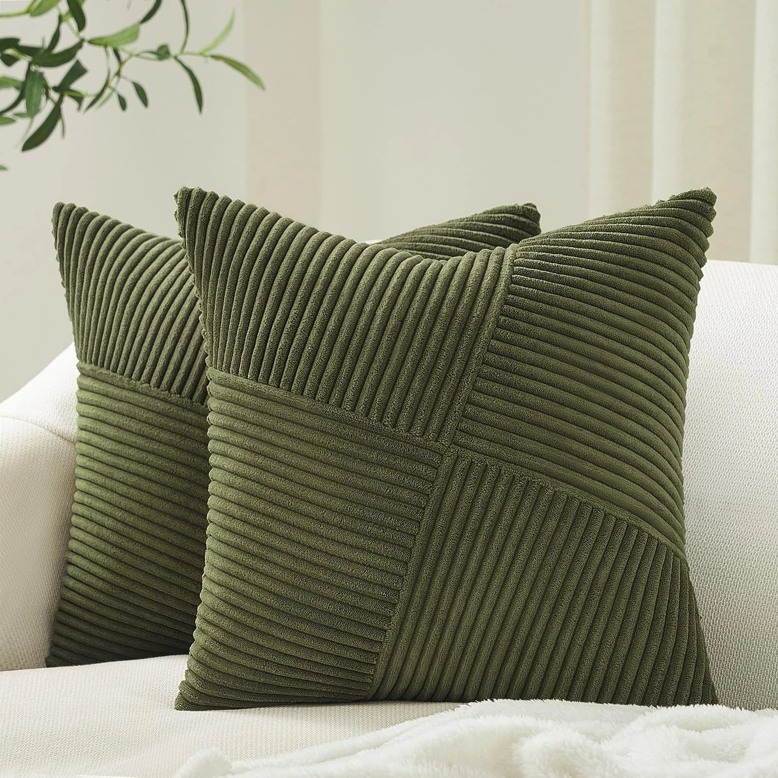 Set of 2 Olive Green Decorative Throw Pillow Covers 20x20 Inches for Couch Be...