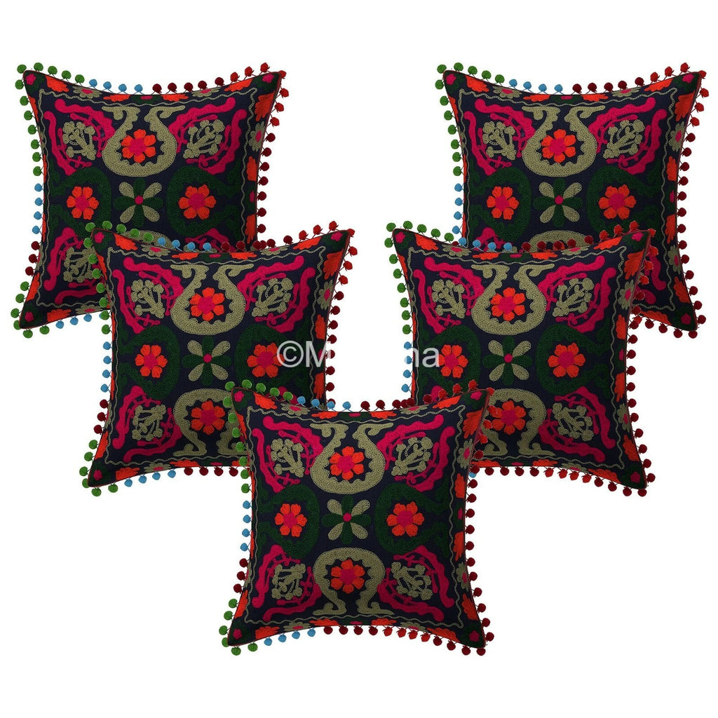 Indian Suzani Black Flloral Pillow Cover Embroidered Bed/Sofa Decor Set of 2 pc
