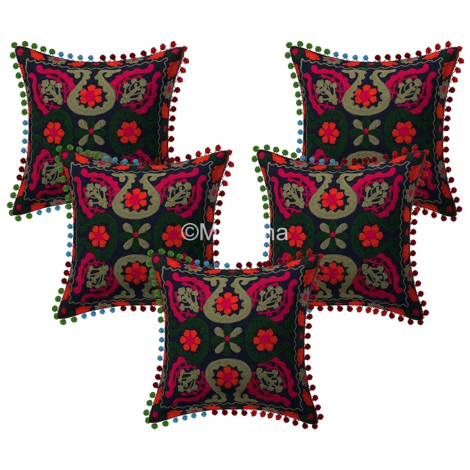 Indian Suzani Black Flloral Pillow Cover Embroidered Bed/Sofa Decor Set of 2 pc