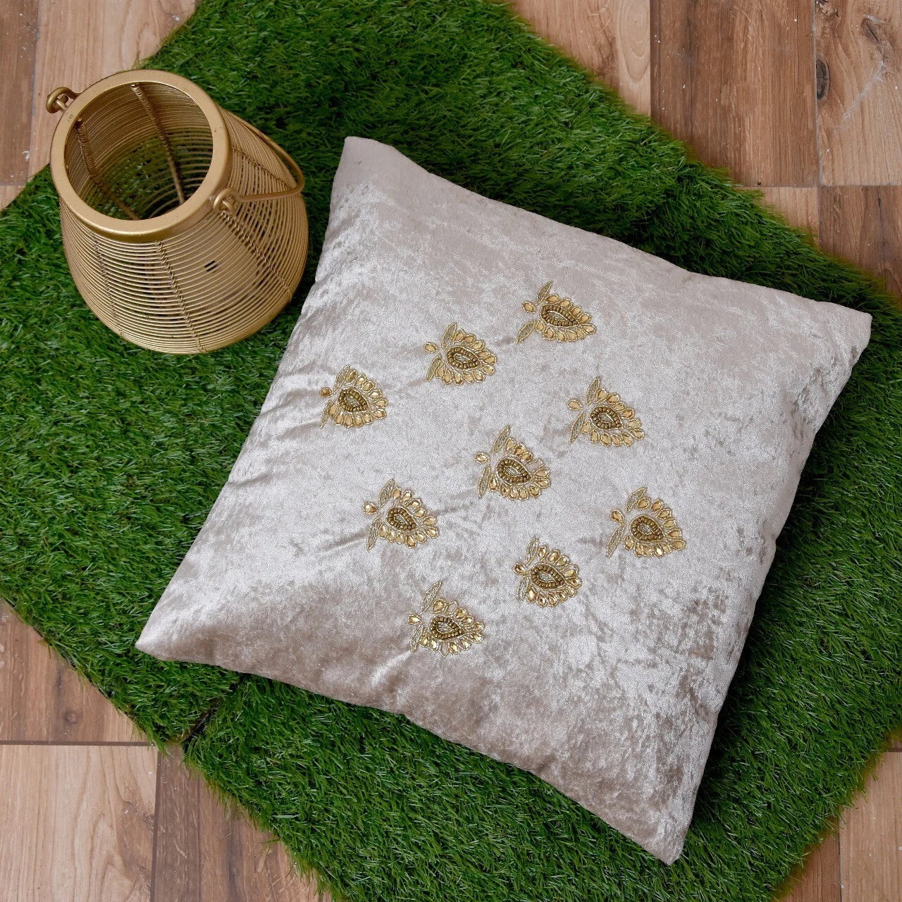 Indian-Inspired Velvet Cushion Set 2 Couch Pillows with Booti Motif, 16" Inches