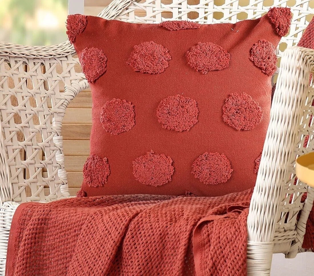 Tufted Dots Cotton Cushion Cover For Sofa, Living Room Or Bed 18x18 inch, Coral