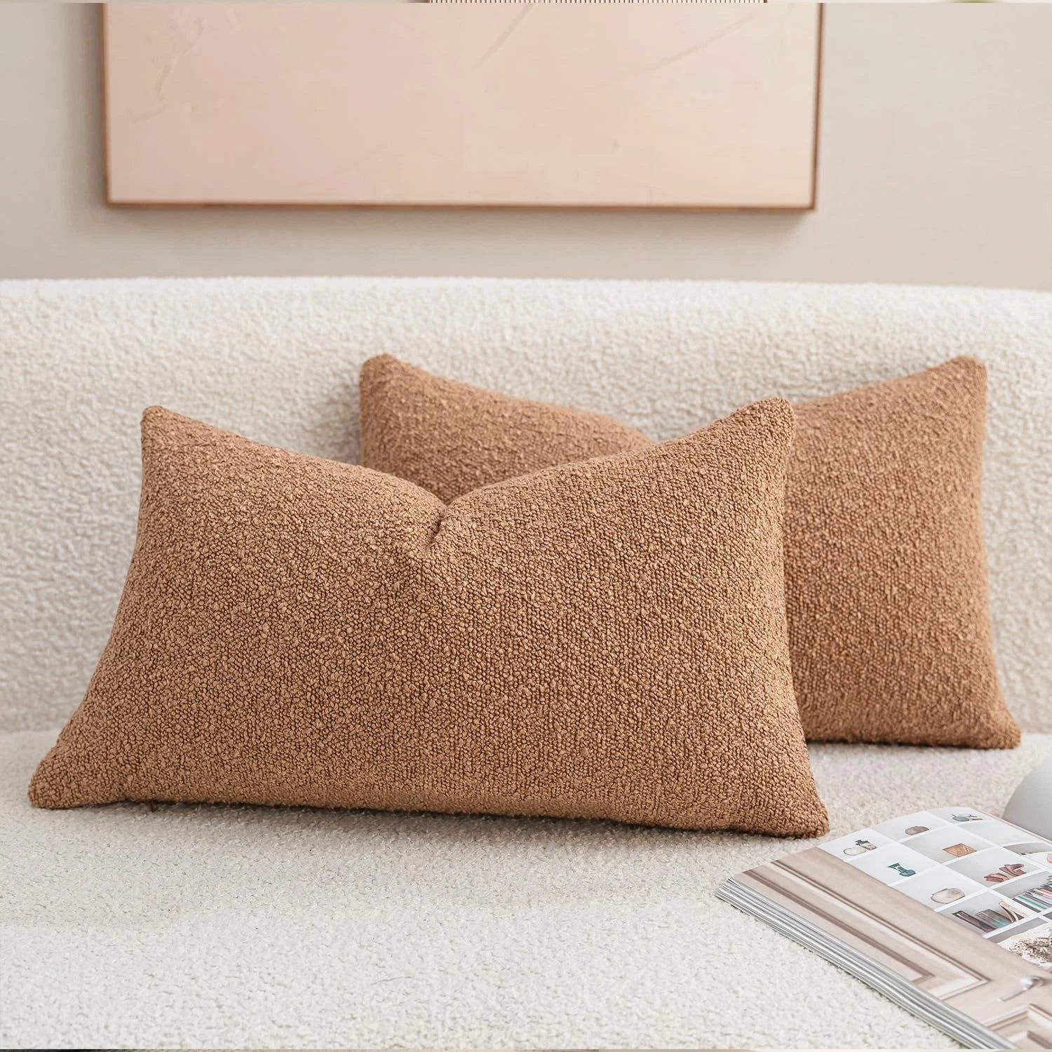Textured Boucle Throw Pillow Covers 12x20 Camel for Bed Couch Sofa Living Roo...