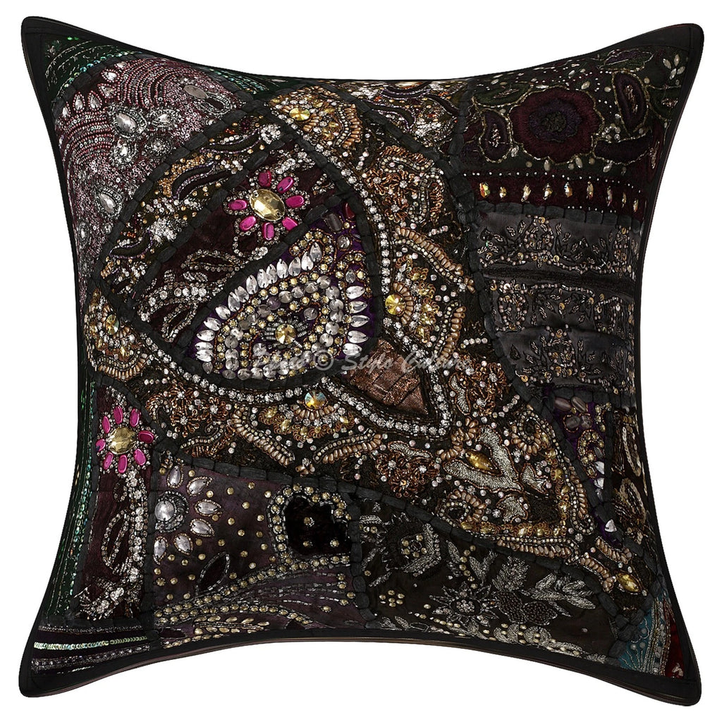Ethnic Cushion Cover Handmade Boho Beaded 16 x 16 in Hippie Sofa Car Pillow Case