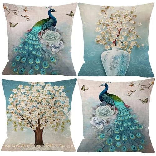 Set of 4 Pcs Peacock Print Cushion Cover Sturdy Linen Throw Pillows for Couch