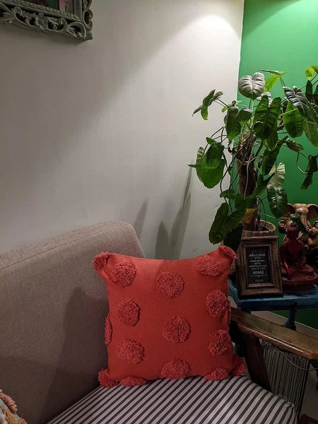 Tufted Dots Cotton Cushion Cover For Sofa, Living Room Or Bed 18x18 inch, Coral