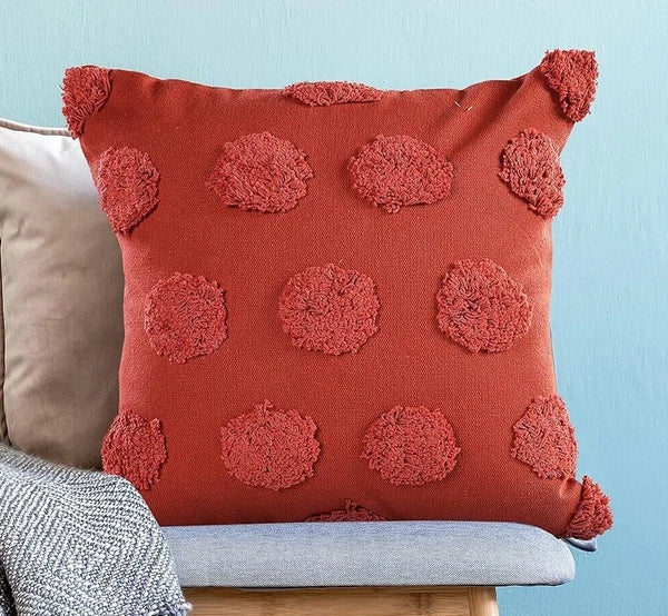 Tufted Dots Cotton Cushion Cover For Sofa, Living Room Or Bed 18x18 inch, Coral