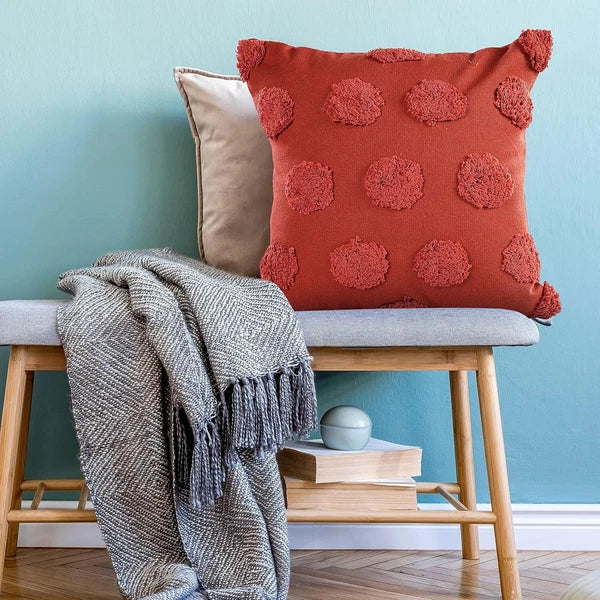 Tufted Dots Cotton Cushion Cover For Sofa, Living Room Or Bed 18x18 inch, Coral