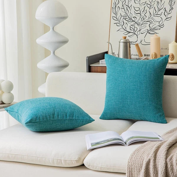 Set of 2 Decorative Linen Pillowcases for Couch/Sofa/Bed 26x26-inch Peacock Blue