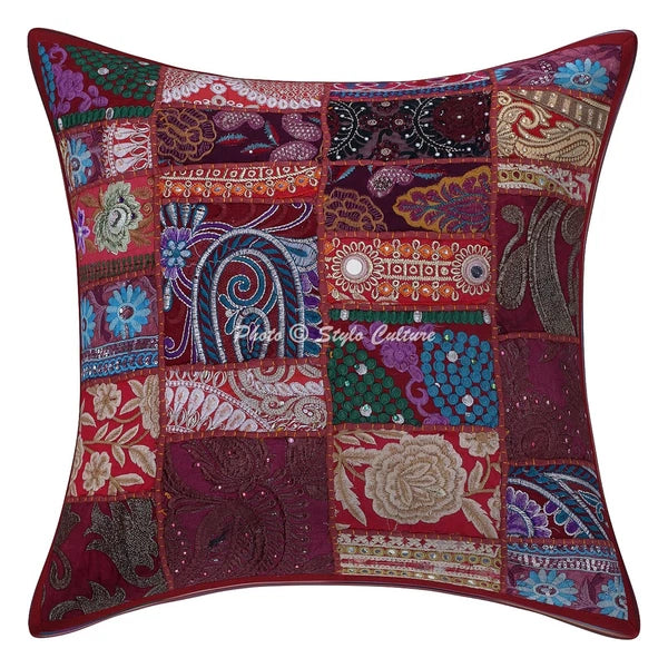 Boho Hippie Yoga Pillow Case Cushion Cover Red Vintage Patchwork Meditation
